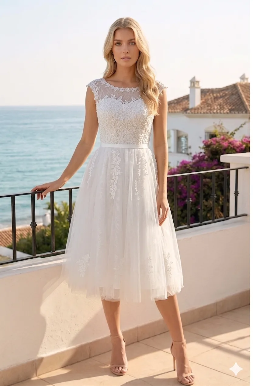 Rochie cununia civila alba cu broderie dantela